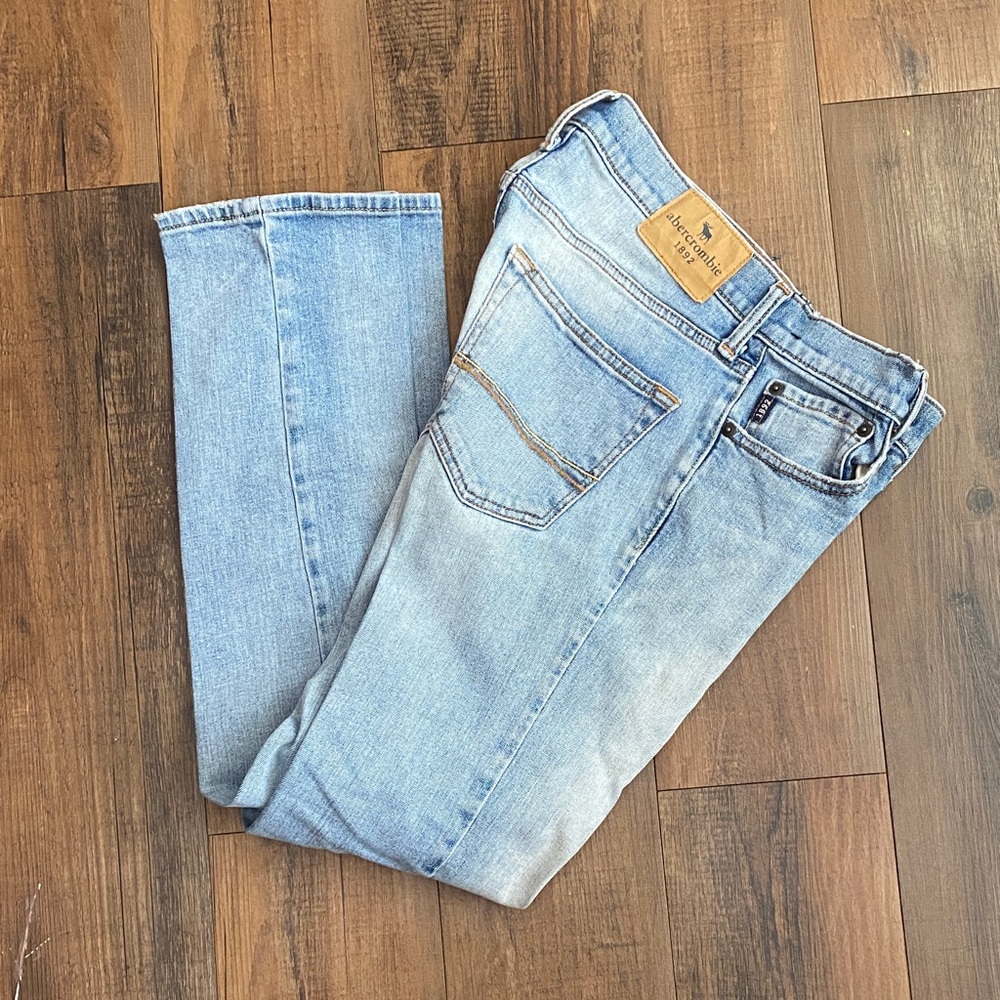 Abercrombie & Fitch Light Blue Denim Jeans with Tan Leather Patch